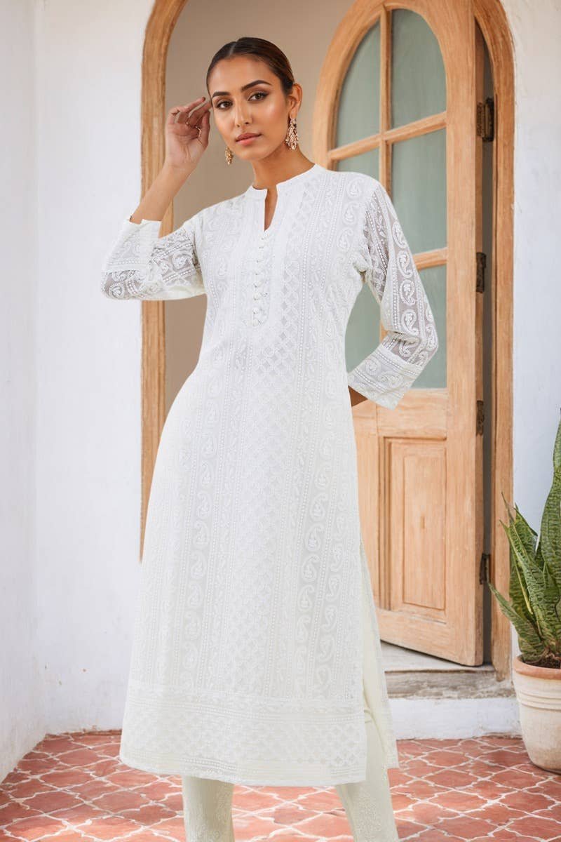 Off White Georgette Straight Kurta With Self Embroidered Designs - Image 5