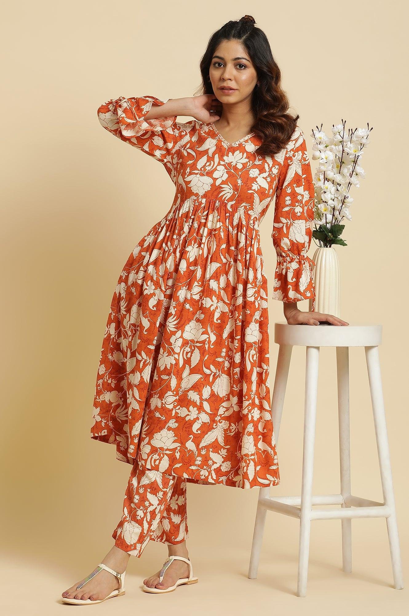 Dark Orange Floral Printed Kurta & Pants Co-Ord Set - Image 8